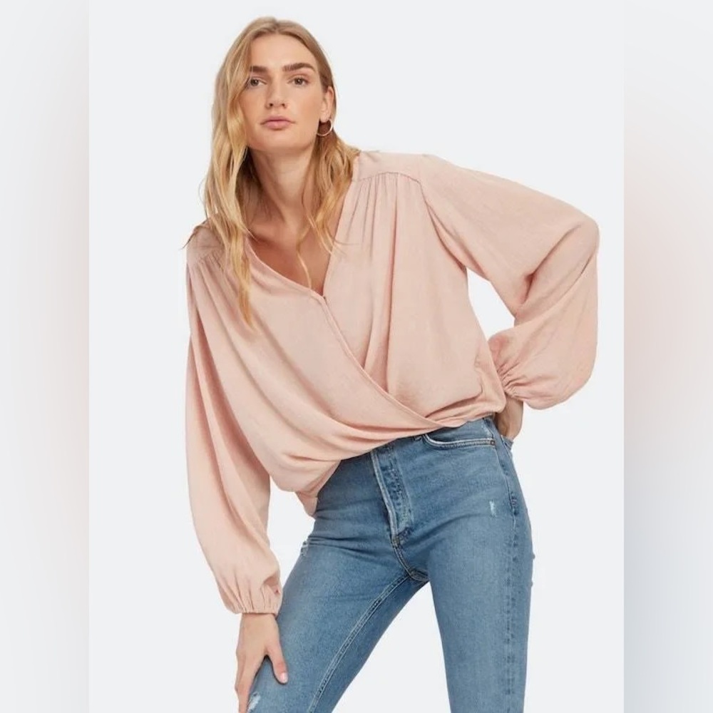 Free People Check On It Wrap Top Pink Nectar Crinkle Long Sleeve Blouse, Small